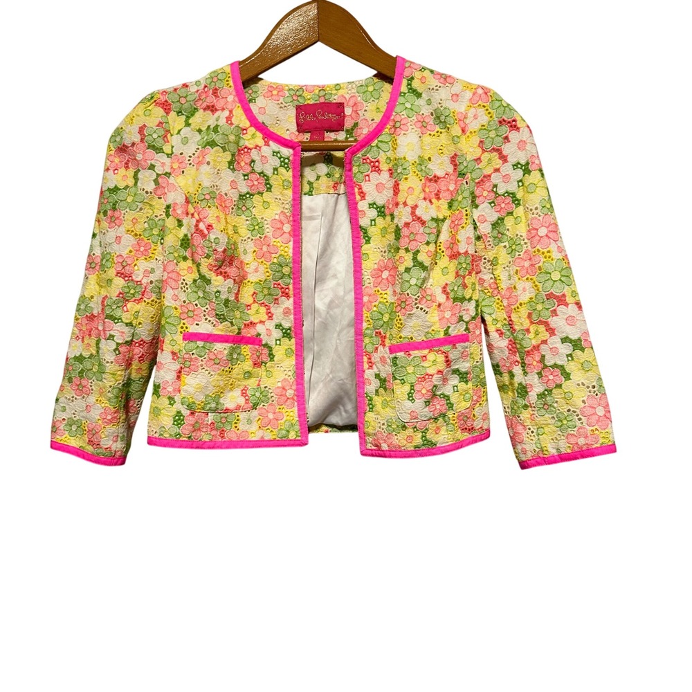Lilly Pulitzer‎ Floral Eyelet Lace Cropped Jacket Blazer Pink Green Yellow Sz 2